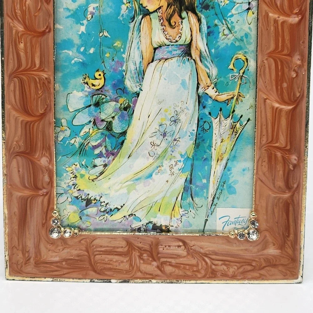 Vintage Peach Marbled Resin Frame Faux Crystals Fantasy Ephemera Card 4x6 Photo